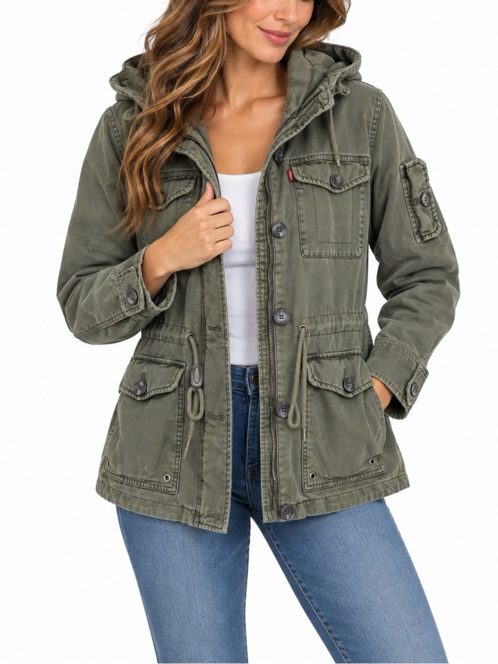 Levi’s Women’s M Olive Green Hooded Military Utility Jacket Quilted